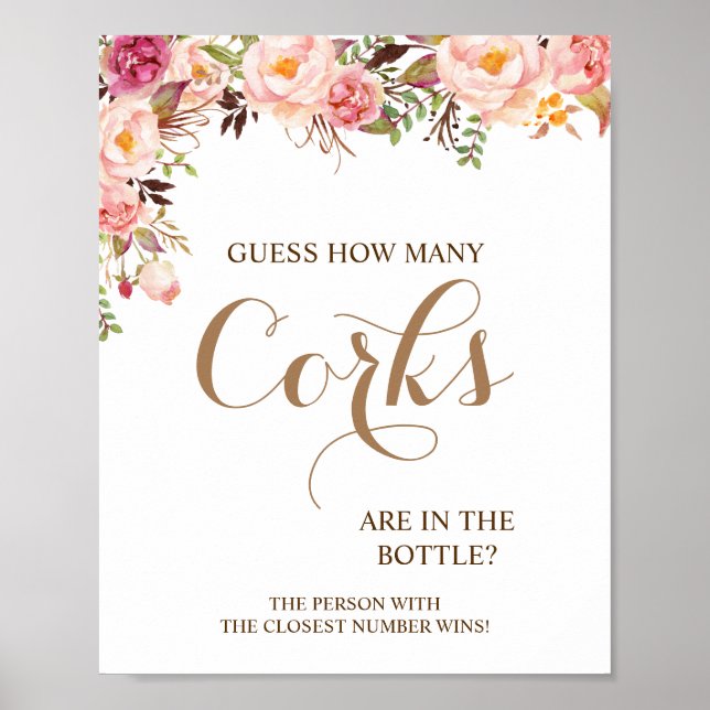 How Many Corks Pink Floral Bridal Shower Game Sign (Front)