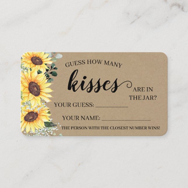 How Many Kisses Bridal Shower Sunflowers game card (Front)