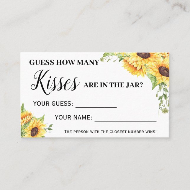 How Many Kisses Bridal Shower Sunflowers game card (Front)