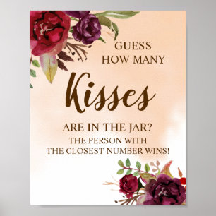 How Many Kisses   Burgundy Bridal Shower Game Sign