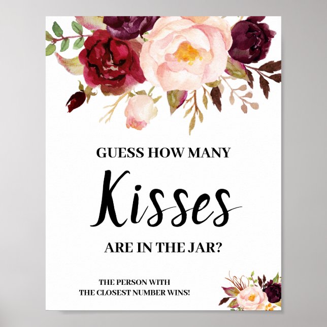 How many Kisses Marsala Bridal Shower Game Sign (Front)