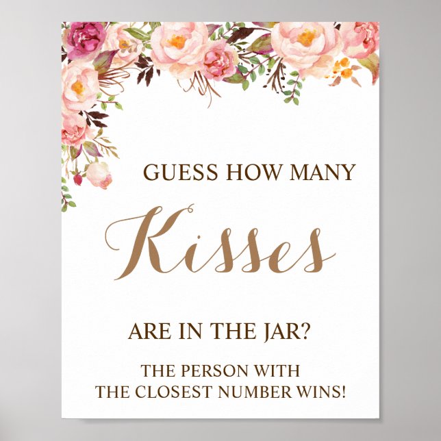 How Many Kisses Pink Bridal Shower Game Sign (Front)