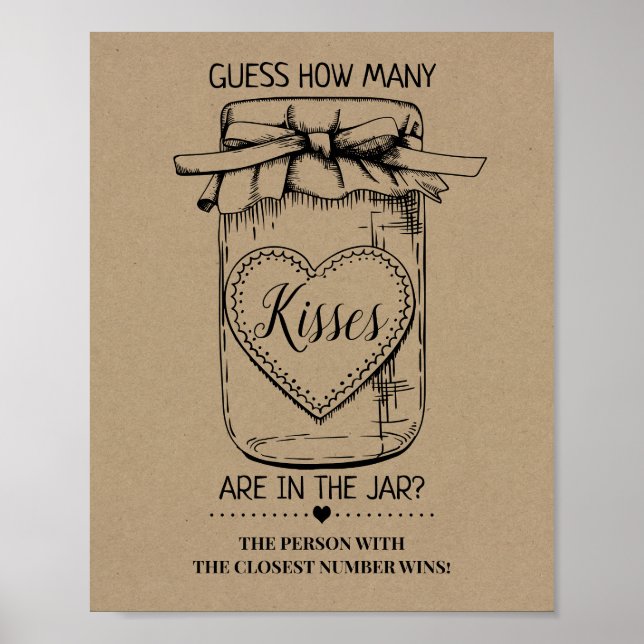 How many kisses rustic bridal shower game sign (Front)