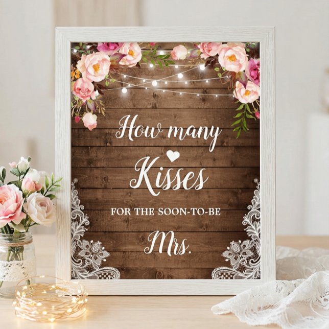 How Many Kisses Rustic Bridal Shower Game Sign (Creator Uploaded)