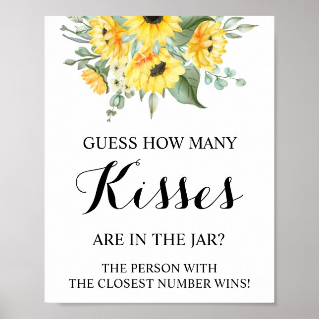 How Many Kisses Sunflowers Bridal Shower Game Sign (Front)