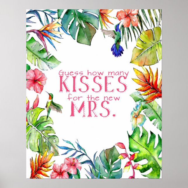 How Many Kisses Tropical  Bridal Shower Game Poster (Front)