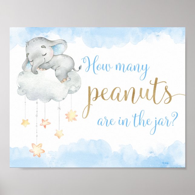How many peanuts blue gold elephant baby shower poster (Front)