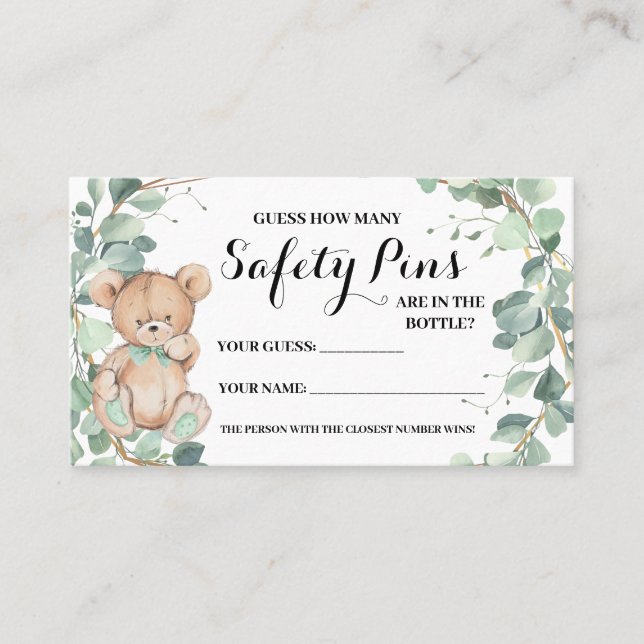 How Many Safety Pin Bear Greenery Shower Game Card (Front)