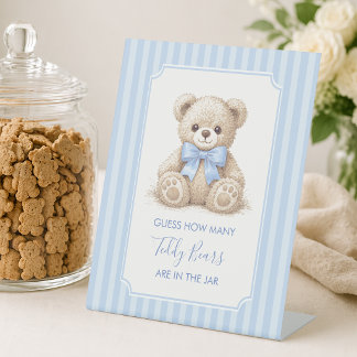 How Many Teddy Bears Blue Stipes Boy Baby Shower Pedestal Sign