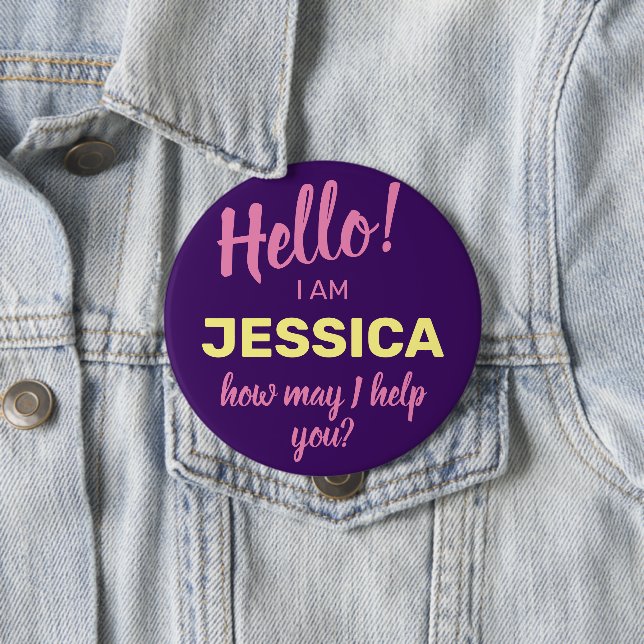 How May I Help You Purple Friendly Business Name 10 Cm Round Badge (In Situ)