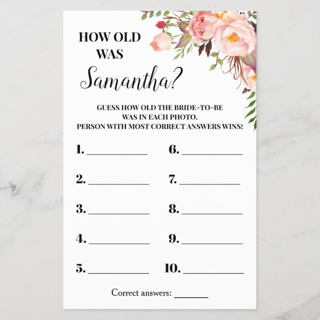 How old was Bride Bridal Shower Pink Game Card (Front)