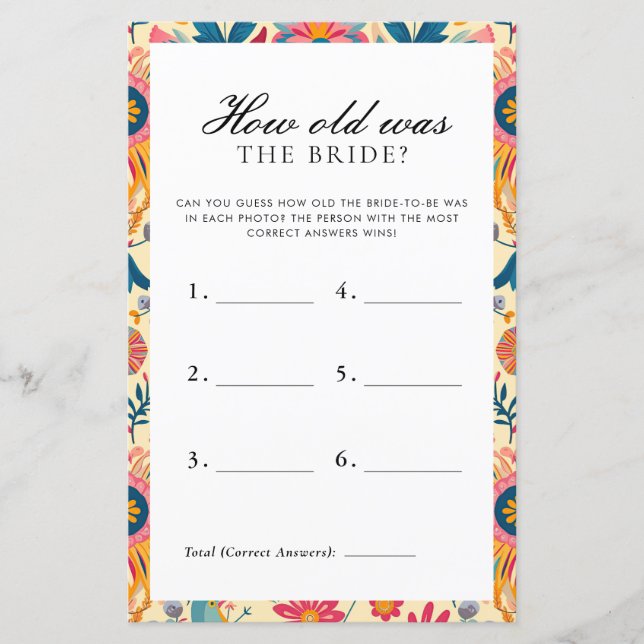 How Old Was Bride Mexican Bridal Shower Game (Front)