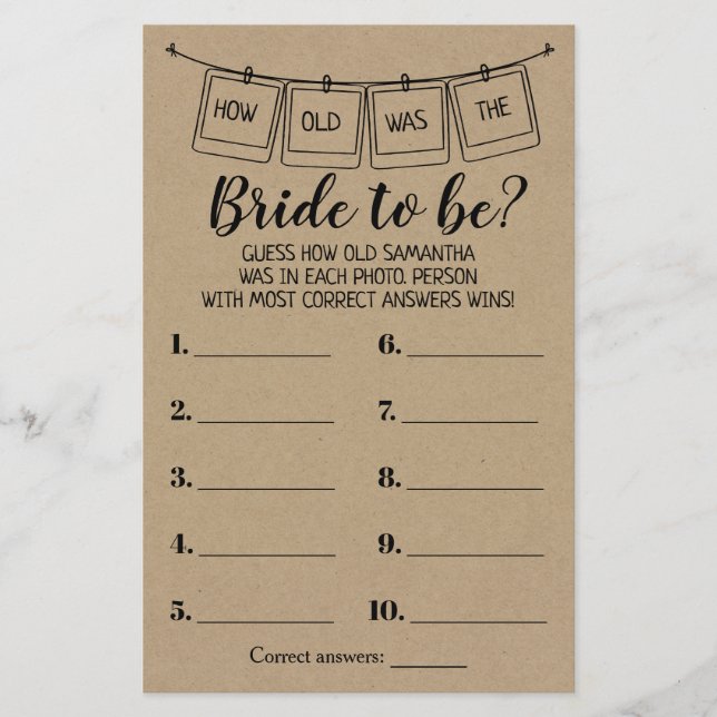 How old Was Bride to Be Rustic Shower Game Flyer (Front)