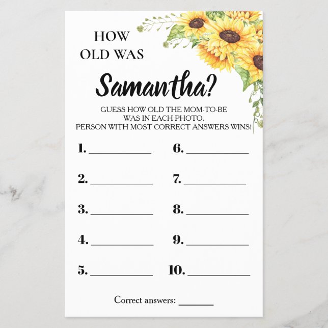 How old was She Baby shower bilingual game card (Front)