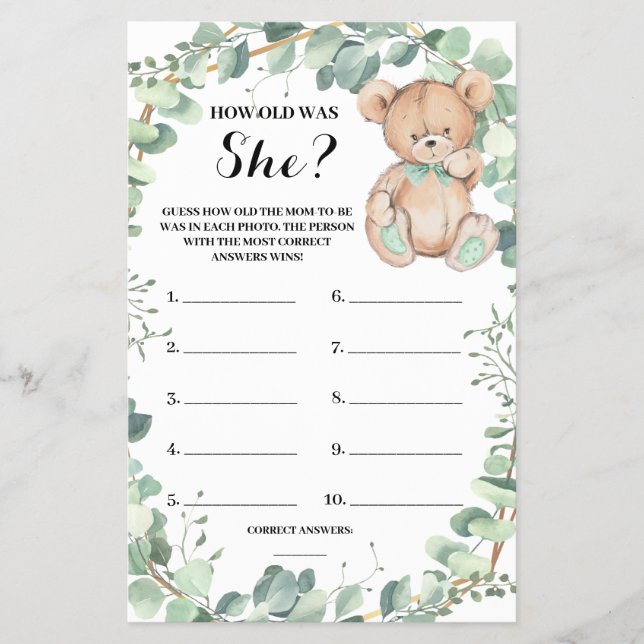 How old was She Bear Greenery Shower Game Card (Front)