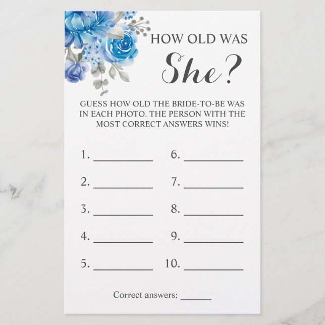 How old was She? Blue Flower Game Card (Front)
