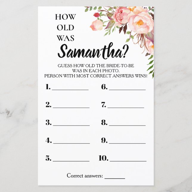 How old was She bridal shower english spanish game (Front)