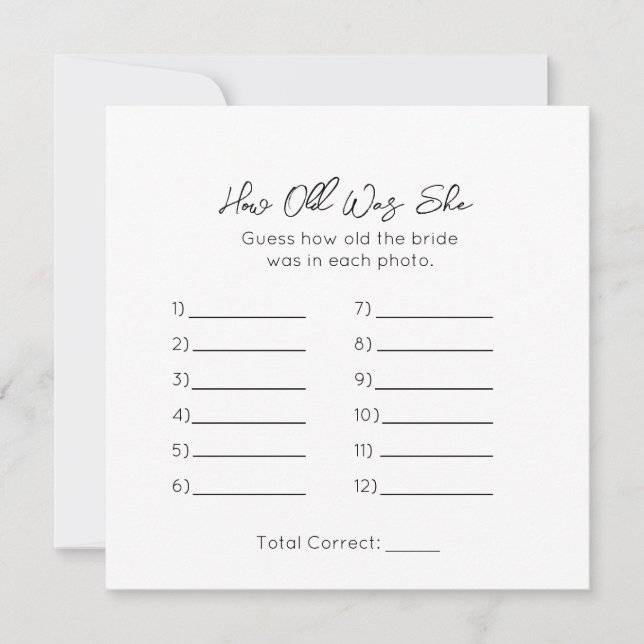 How Old Was She - Bridal Shower Game - Minimalist Holiday Card (Front)