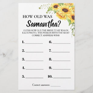 How Old Was She Bridal Shower Sunflowers Game Card