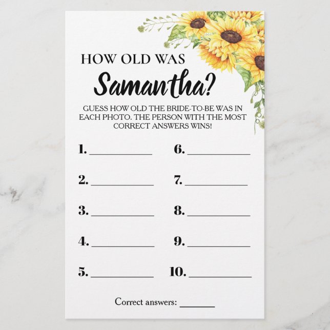 How Old Was She Bridal Shower Sunflowers Game Card (Front)