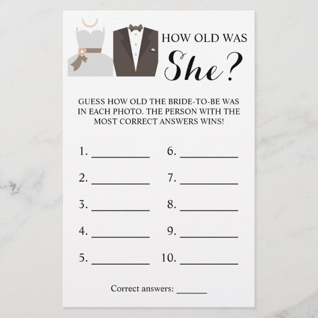 How old was She? Bride & Groom Game Card (Front)