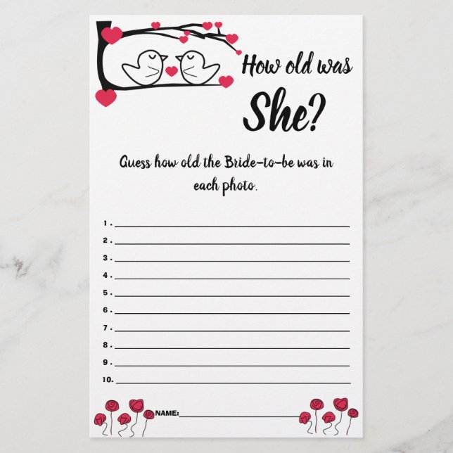 How old was She? Game Card Love Bird (Front)