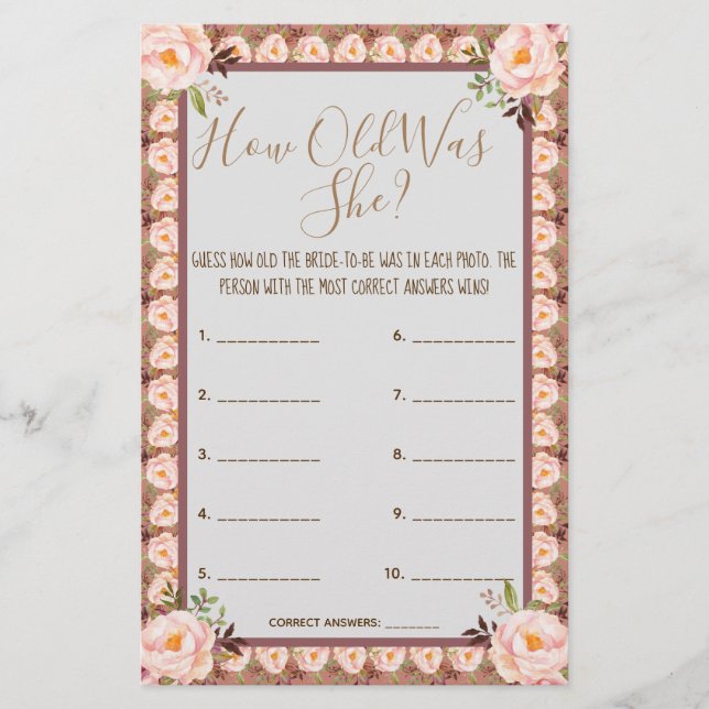 How old was She? Pink Floral Frame Game Card (Front)