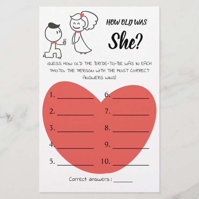 How old was She? Wedding Couple Game Card (Front)
