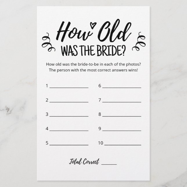 How Old Was The Bride Bridal Shower Game (Front)