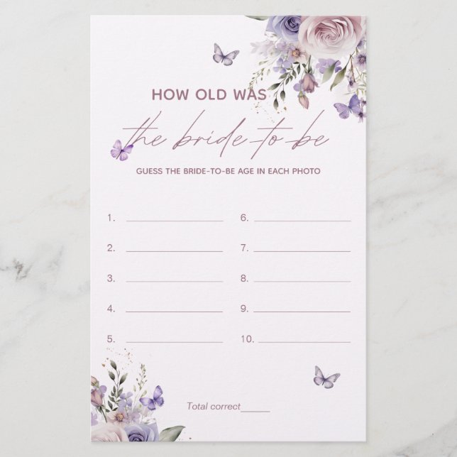 How Old Was The Bride Bridal Shower Game Card (Front)