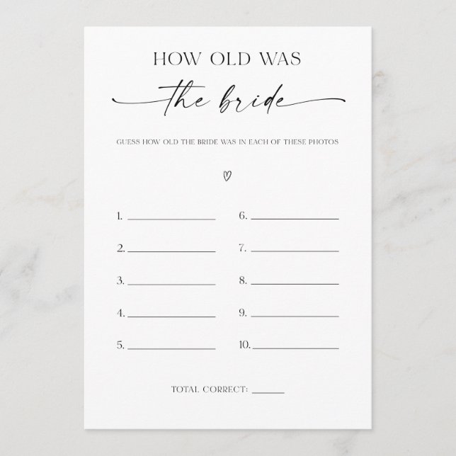 How Old Was The Bride Bridal Shower Game Program (Front)