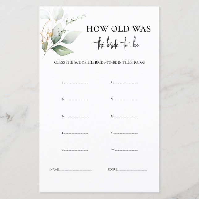 How Old Was the Bride greenery game (Front)