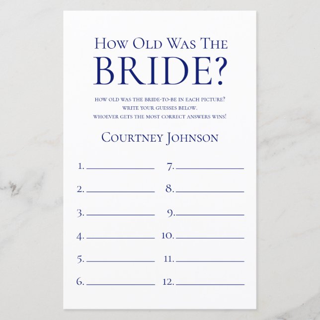 How Old Was The Bride Navy Blue Bridal Shower Game (Front)