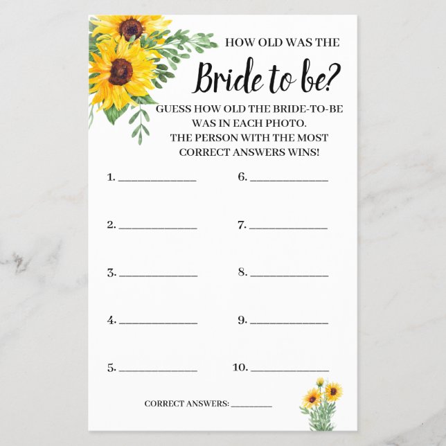 How old was the Bride Sunflowers Shower Game Card (Front)