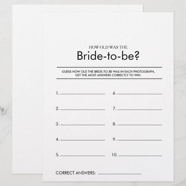 How Old Was the Bride-To-Be Bridal Shower Game (Front/Back)