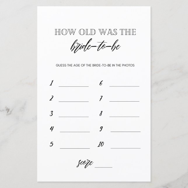 How old was the bride to be bridal shower game (Front)