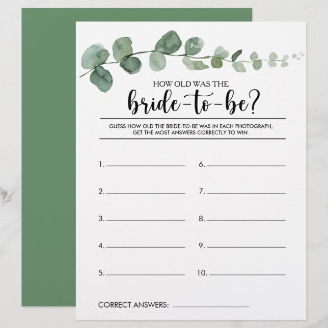 How Old Was the Bride-To-Be Bridal Shower Game (Front/Back)