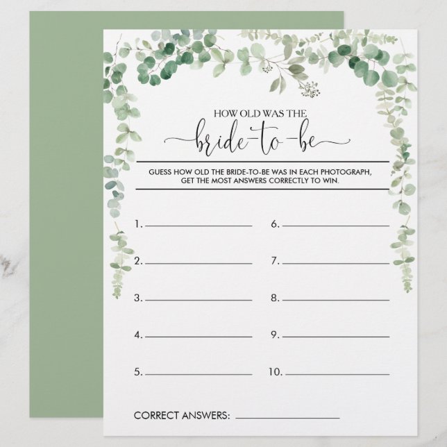 How Old Was the Bride-To-Be Bridal Shower Game (Front/Back)