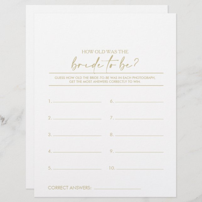 How Old Was the Bride-To-Be Bridal Shower Game (Front/Back)