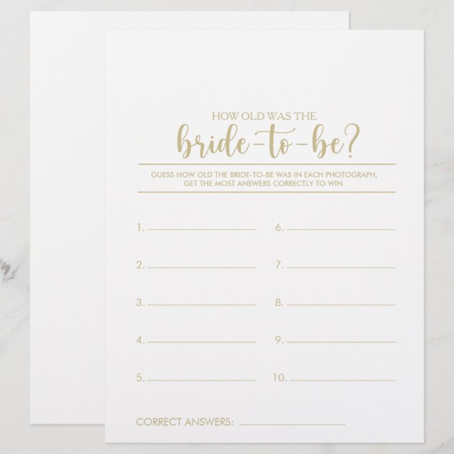 How Old Was the Bride-To-Be Bridal Shower Game (Front/Back)