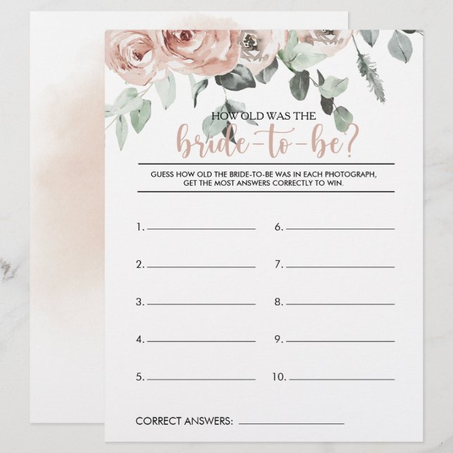 How Old Was the Bride-To-Be Bridal Shower Game (Front/Back)