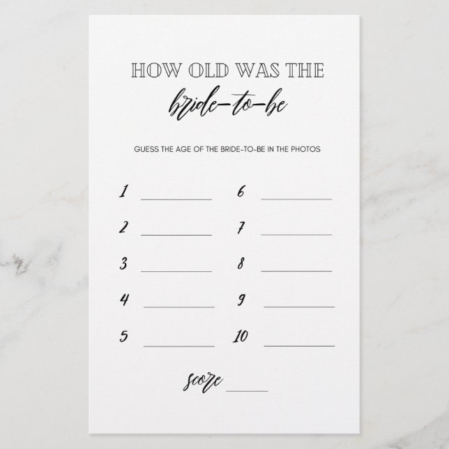 How old was the bride to be bridal shower game flyer (Front)