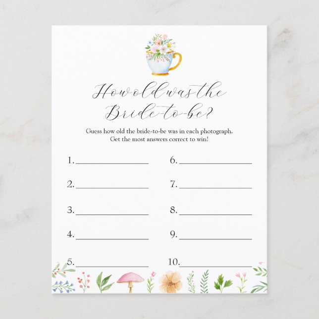How Old Was The Bride-to-be Bridal Tea Party Game (Front)