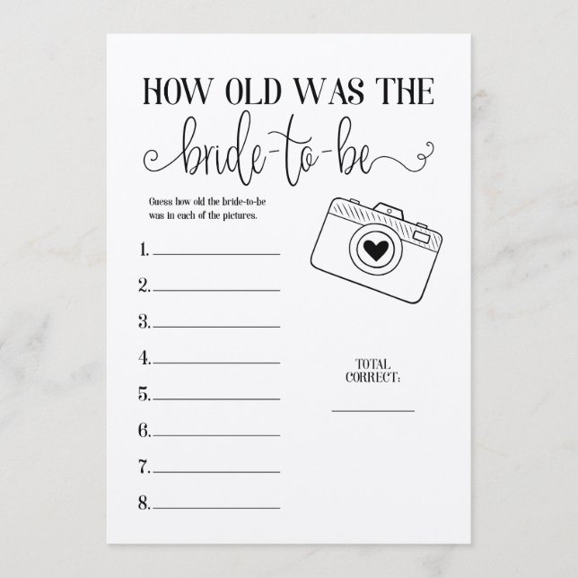 How Old Was The Bride-To-Be Shower Game Program (Front)