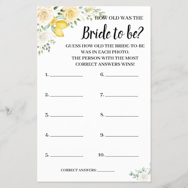 How old was the Lemons & Roses Shower Game Card (Front)