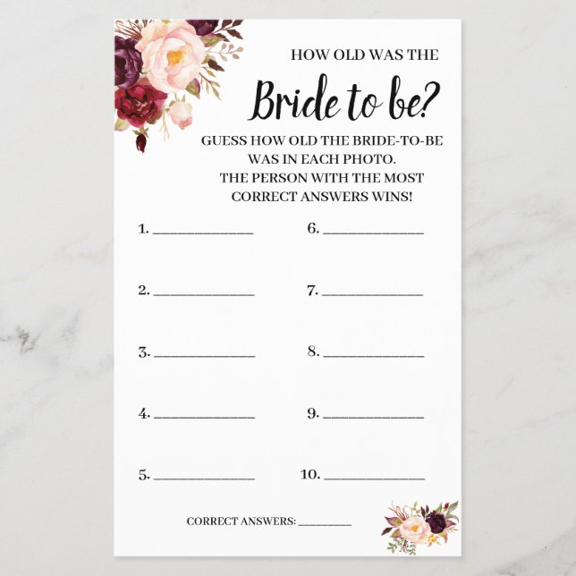 How old was the Marsala Flowers Shower Game Card (Front)