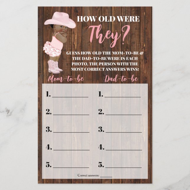 How Old Were They AA Cowgirl Baby Shower Game Card (Front)
