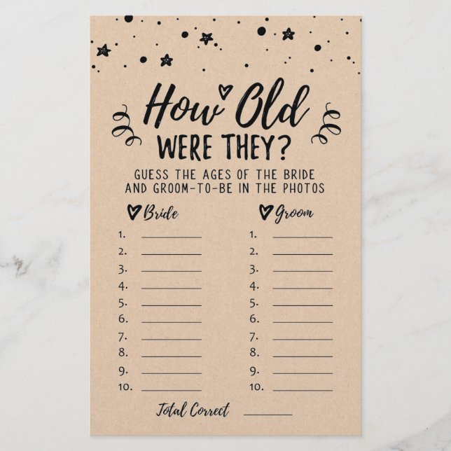 How old were they Bridal Shower or Hen Party game (Front)