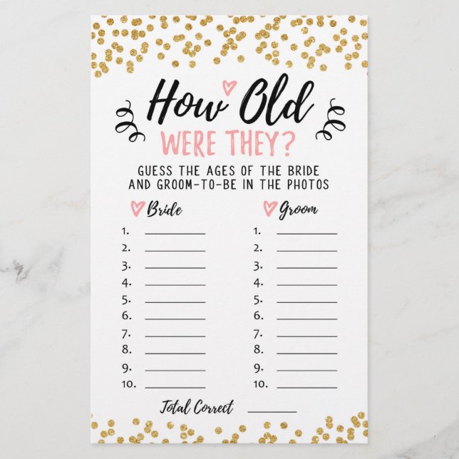 How old were they Bridal Shower or Hen Party game (Front)