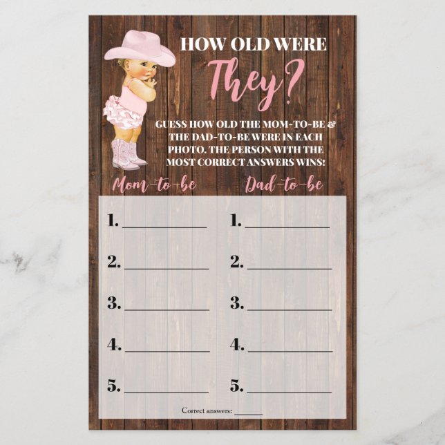 How Old Were They Cowgirl Baby Shower Game Card (Front)